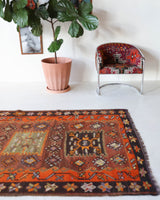 Vintage kilim rug in living room setting, bright colors, wild shaman, soft rug, bold color, Portland, Oregon, rug store, rug shop, local shop, vintage rug, modern kilim, warm colors