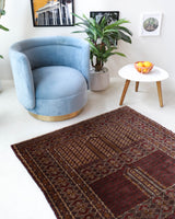 Turkmen rug in a living room setting, pile rug, Turkish rug, vintage rug, portland, rug shop, bright colors, wild shaman, soft rug, bold color, Portland, Oregon, rug store, rug shop, local shop, antique rug