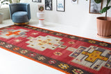 Vintage kilim rug in living room setting, bright colors, wild shaman, soft rug, bold color, Portland, Oregon, rug store, rug shop, local shop, vintage rug, modern kilim, warm colors