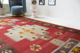 Vintage kilim rug in living room setting, bright colors, wild shaman, soft rug, bold color, Portland, Oregon, rug store, rug shop, local shop, vintage rug, modern kilim, warm colors