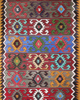 Vintage kilim rug in living room setting, bright colors, wild shaman, soft rug, bold color, Portland, Oregon, rug store, rug shop, local shop, vintage rug, modern kilim, warm colors