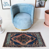 Vintage mini kilim rug in room decor setting, kilim, Turkish rug, vintage rug, portland, rug shop, bright colors, wild shaman, soft rug, bold color, Portland, Oregon, rug store, rug shop, local shop
