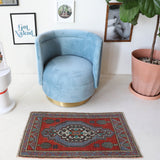 Vintage mini kilim rug in room decor setting, kilim, Turkish rug, vintage rug, portland, rug shop, bright colors, wild shaman, soft rug, bold color, Portland, Oregon, rug store, rug shop, local shop