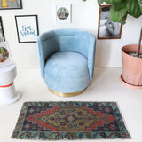 Vintage mini kilim rug in room decor setting, kilim, Turkish rug, vintage rug, portland, rug shop, bright colors, wild shaman, soft rug, bold color, Portland, Oregon, rug store, rug shop, local shop