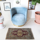 Vintage mini kilim rug in room decor setting, kilim, Turkish rug, vintage rug, portland, rug shop, bright colors, wild shaman, soft rug, bold color, Portland, Oregon, rug store, rug shop, local shop