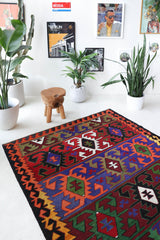 Vintage kilim rug in living room setting, bright colors, wild shaman, soft rug, bold color, Portland, Oregon, rug store, rug shop, local shop, vintage rug, modern kilim, warm colors
