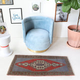 Vintage mini kilim rug in room decor setting, kilim, Turkish rug, vintage rug, portland, rug shop, bright colors, wild shaman, soft rug, bold color, Portland, Oregon, rug store, rug shop, local shop