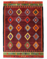 Vintage kilim rug in living room setting, bright colors, wild shaman, soft rug, bold color, Portland, Oregon, rug store, rug shop, local shop, vintage rug, modern kilim, warm colors