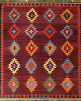 Vintage kilim rug in living room setting, bright colors, wild shaman, soft rug, bold color, Portland, Oregon, rug store, rug shop, local shop, vintage rug, modern kilim, warm colors