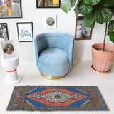 Vintage mini kilim rug in room decor setting, kilim, Turkish rug, vintage rug, portland, rug shop, bright colors, wild shaman, soft rug, bold color, Portland, Oregon, rug store, rug shop, local shop