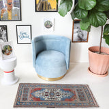 Vintage mini kilim rug in room decor setting, kilim, Turkish rug, vintage rug, portland, rug shop, bright colors, wild shaman, soft rug, bold color, Portland, Oregon, rug store, rug shop, local shop