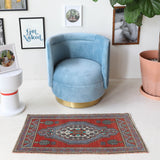 Vintage mini kilim rug in room decor setting, kilim, Turkish rug, vintage rug, portland, rug shop, bright colors, wild shaman, soft rug, bold color, Portland, Oregon, rug store, rug shop, local shop