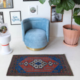 Vintage mini kilim rug in room decor setting, kilim, Turkish rug, vintage rug, portland, rug shop, bright colors, wild shaman, soft rug, bold color, Portland, Oregon, rug store, rug shop, local shop