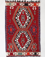 Vintage mini kilim rug in room decor setting, kilim, Turkish rug, vintage rug, portland, rug shop, bright colors, wild shaman, soft rug, bold color, Portland, Oregon, rug store, rug shop, local shop