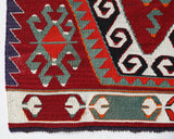 Vintage mini kilim rug in room decor setting, kilim, Turkish rug, vintage rug, portland, rug shop, bright colors, wild shaman, soft rug, bold color, Portland, Oregon, rug store, rug shop, local shop