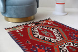 Vintage mini kilim rug in room decor setting, kilim, Turkish rug, vintage rug, portland, rug shop, bright colors, wild shaman, soft rug, bold color, Portland, Oregon, rug store, rug shop, local shop