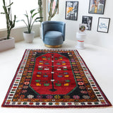 Vintage Turkish rug in a living room setting, pile rug, Turkish rug, vintage rug, portland, rug shop, bright colors, wild shaman, soft rug, bold color, Portland, Oregon, rug store, rug shop, local shop, shag rug, shaggy, plush,tulu rugs