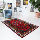 Vintage Turkish rug in a living room setting, pile rug, Turkish rug, vintage rug, portland, rug shop, bright colors, wild shaman, soft rug, bold color, Portland, Oregon, rug store, rug shop, local shop, shag rug, shaggy, plush,tulu rugs