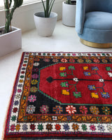 Vintage Turkish rug in a living room setting, pile rug, Turkish rug, vintage rug, portland, rug shop, bright colors, wild shaman, soft rug, bold color, Portland, Oregon, rug store, rug shop, local shop, shag rug, shaggy, plush,tulu rugs