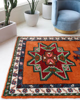 Vintage Turkish rug in a living room setting, pile rug, Turkish rug, vintage rug, portland, rug shop, bright colors, wild shaman, soft rug, bold color, Portland, Oregon, rug store, rug shop, local shop, shag rug, shaggy, plush,tulu rugs