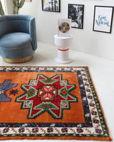 Vintage Turkish rug in a living room setting, pile rug, Turkish rug, vintage rug, portland, rug shop, bright colors, wild shaman, soft rug, bold color, Portland, Oregon, rug store, rug shop, local shop, shag rug, shaggy, plush,tulu rugs