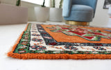 Vintage Turkish rug in a living room setting, pile rug, Turkish rug, vintage rug, portland, rug shop, bright colors, wild shaman, soft rug, bold color, Portland, Oregon, rug store, rug shop, local shop, shag rug, shaggy, plush,tulu rugs