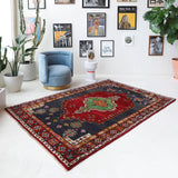 Vintage Turkish rug in a living room setting, pile rug, Turkish rug, vintage rug, portland, rug shop, bright colors, wild shaman, soft rug, bold color, Portland, Oregon, rug store, rug shop, local shop, shag rug, shaggy, plush,tulu rugs