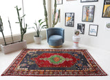 Vintage Turkish rug in a living room setting, pile rug, Turkish rug, vintage rug, portland, rug shop, bright colors, wild shaman, soft rug, bold color, Portland, Oregon, rug store, rug shop, local shop, shag rug, shaggy, plush,tulu rugs