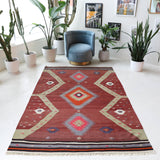Vintage Turkish rug in a living room setting, pile rug, Turkish rug, vintage rug, portland, rug shop, bright colors, wild shaman, soft rug, bold color, Portland, Oregon, rug store, rug shop, local shop, antique rug