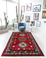 Vintage Turkish rug in a living room setting, pile rug, Turkish rug, vintage rug, portland, rug shop, bright colors, wild shaman, soft rug, bold color, Portland, Oregon, rug store, rug shop, local shop, shag rug, shaggy, plush,tulu rugs