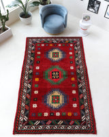 Vintage Turkish rug in a living room setting, pile rug, Turkish rug, vintage rug, portland, rug shop, bright colors, wild shaman, soft rug, bold color, Portland, Oregon, rug store, rug shop, local shop, shag rug, shaggy, plush,tulu rugs