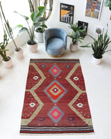 Vintage Turkish rug in a living room setting, pile rug, Turkish rug, vintage rug, portland, rug shop, bright colors, wild shaman, soft rug, bold color, Portland, Oregon, rug store, rug shop, local shop, antique rug