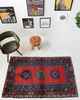 Vintage Turkish rug in a living room setting, pile rug, Turkish rug, vintage rug, portland, rug shop, bright colors, wild shaman, soft rug, bold color, Portland, Oregon, rug store, rug shop, local shop