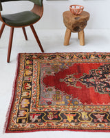 Vintage Turkish rug in a living room setting, pile rug, Turkish rug, vintage rug, portland, rug shop, bright colors, wild shaman, soft rug, bold color, Portland, Oregon, rug store, rug shop, local shop