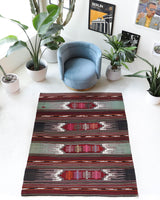 Vintage kilim rug in living room setting, bright colors, wild shaman, soft rug, bold color, Portland, Oregon, rug store, rug shop, local shop, vintage rug, modern kilim, warm colors