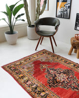 Vintage Turkish rug in a living room setting, pile rug, Turkish rug, vintage rug, portland, rug shop, bright colors, wild shaman, soft rug, bold color, Portland, Oregon, rug store, rug shop, local shop