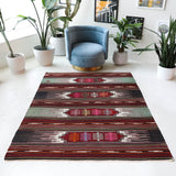 Vintage kilim rug in living room setting, bright colors, wild shaman, soft rug, bold color, Portland, Oregon, rug store, rug shop, local shop, vintage rug, modern kilim, warm colors