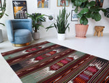 Vintage kilim rug in living room setting, bright colors, wild shaman, soft rug, bold color, Portland, Oregon, rug store, rug shop, local shop, vintage rug, modern kilim, warm colors