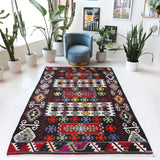 Vintage kilim rug in living room setting, bright colors, wild shaman, soft rug, bold color, Portland, Oregon, rug store, rug shop, local shop, vintage rug, modern kilim, warm colors