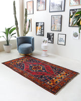 Vintage Turkish rug in a living room setting, pile rug, Turkish rug, vintage rug, portland, rug shop, bright colors, wild shaman, soft rug, bold color, Portland, Oregon, rug store, rug shop, local shop