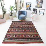 Vintage kilim rug in living room setting, bright colors, wild shaman, soft rug, bold color, Portland, Oregon, rug store, rug shop, local shop, vintage rug, modern kilim, warm colors