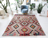 Vintage kilim rug in room decor setting, old rug, antique rug, pastel colors, faded colors, Turkish rug, vintage rug, soft rug, Portland, Oregon, rug store, rug shop, local shop, bold colors, bright colors, faded colors