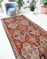 Vintage kilim rug in living room setting, old rug, antique rug, pastel colors, faded colors, Turkish rug, vintage rug, soft rug, Portland, Oregon, rug store, rug shop, local shop, earthy tones, earthy colors, warm colors