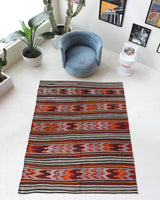 Vintage kilim rug in living room setting, bright colors, wild shaman, soft rug, bold color, Portland, Oregon, rug store, rug shop, local shop, vintage rug, modern kilim, warm colors
