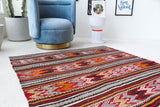 Vintage kilim rug in living room setting, bright colors, wild shaman, soft rug, bold color, Portland, Oregon, rug store, rug shop, local shop, vintage rug, modern kilim, warm colors