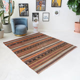 Vintage kilim rug in living room setting, old rug, antique rug, pastel colors, faded colors, Turkish rug, vintage rug, soft rug, Portland, Oregon, rug store, rug shop, local shop, earthy tones, earthy colors, warm colors