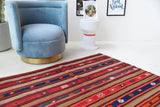 Vintage kilim rug in living room setting, bright colors, wild shaman, soft rug, bold color, Portland, Oregon, rug store, rug shop, local shop, vintage rug, modern kilim, warm colors