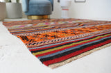 Vintage kilim rug in living room setting, bright colors, wild shaman, soft rug, bold color, Portland, Oregon, rug store, rug shop, local shop, vintage rug, modern kilim, warm colors