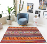 Vintage kilim rug in living room setting, bright colors, wild shaman, soft rug, bold color, Portland, Oregon, rug store, rug shop, local shop, vintage rug, modern kilim, warm colors