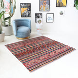 Vintage kilim rug in living room setting, bright colors, wild shaman, soft rug, bold color, Portland, Oregon, rug store, rug shop, local shop, vintage rug, modern kilim, warm colors